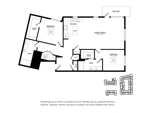 Floor plan for 2 beds, 2 baths, 1355 sqft